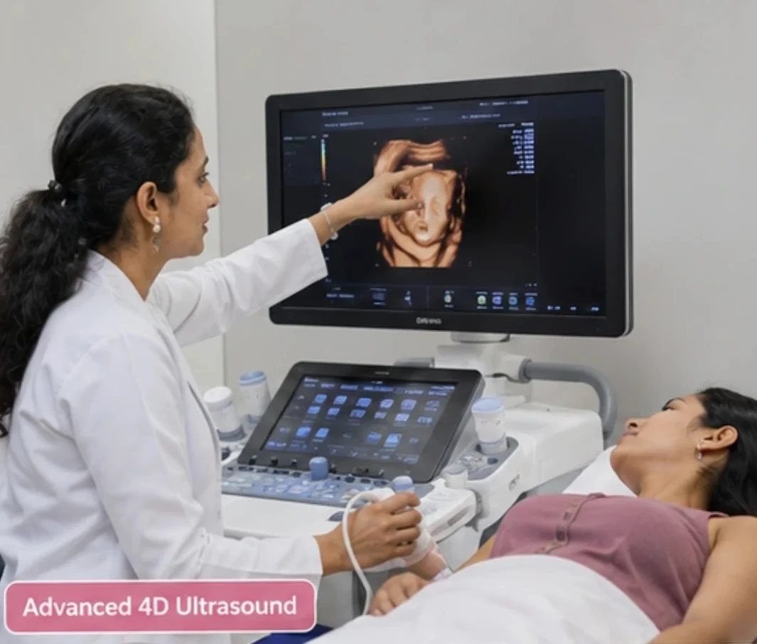 Sonographer performing a 4D ultrasound on a pregnant woman, with the fetus image visible on the monitor and the clinician pointing at it.