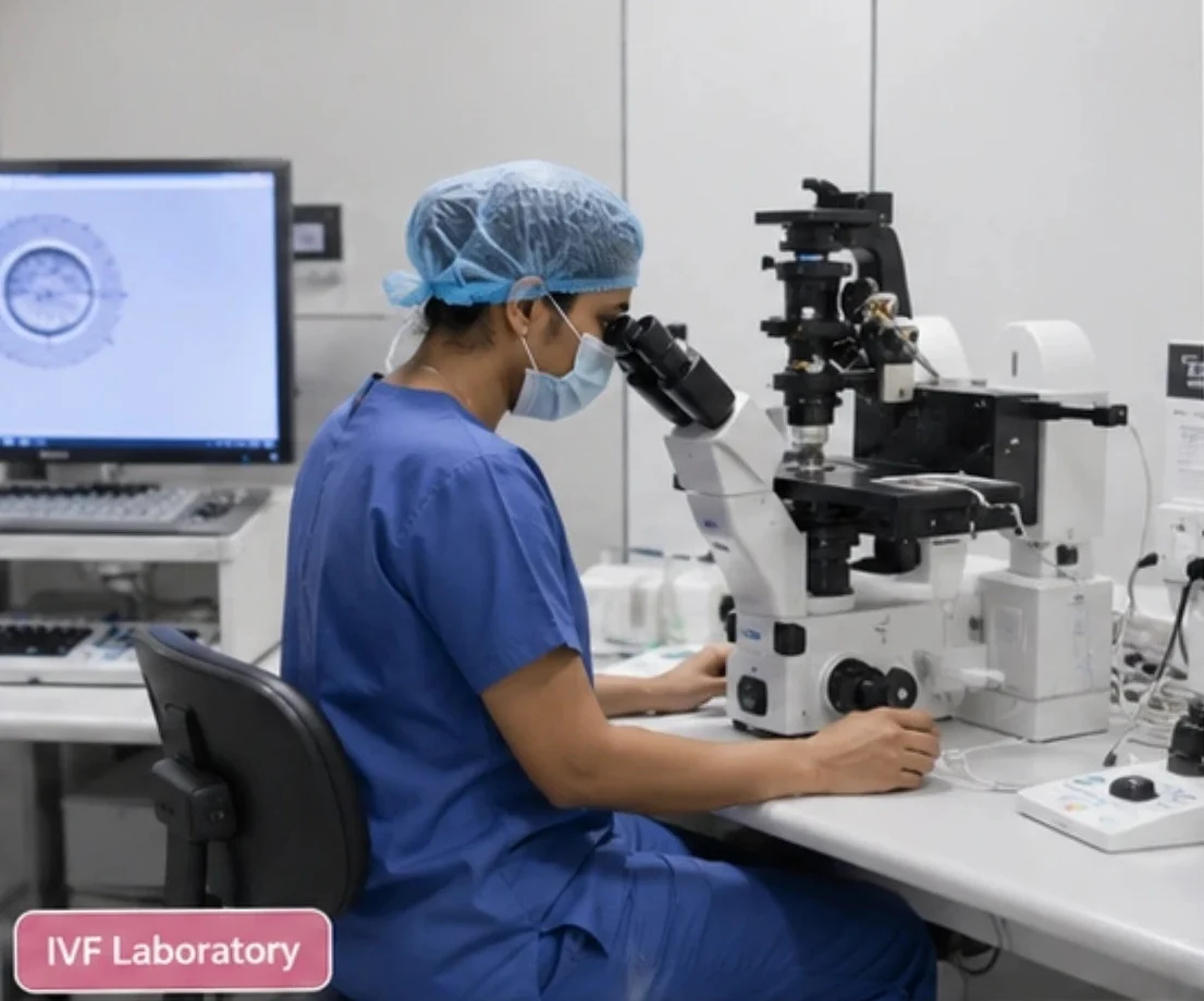 Female lab technician in blue scrubs and a mask uses a high-powered microscope in an IVF laboratory setup with a computer display in the background.