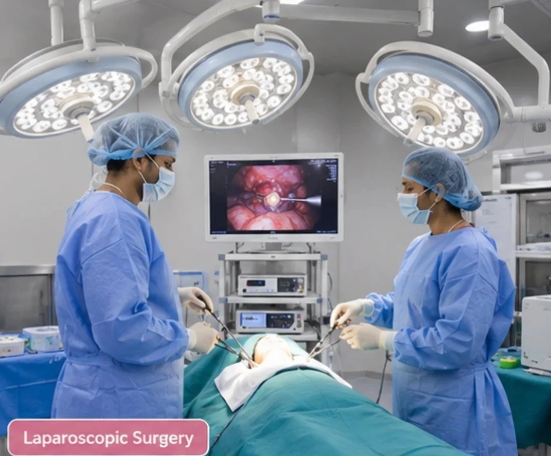 Two surgeons in blue scrubs and masks perform laparoscopic surgery under bright overhead lights, monitor showing the internal view.