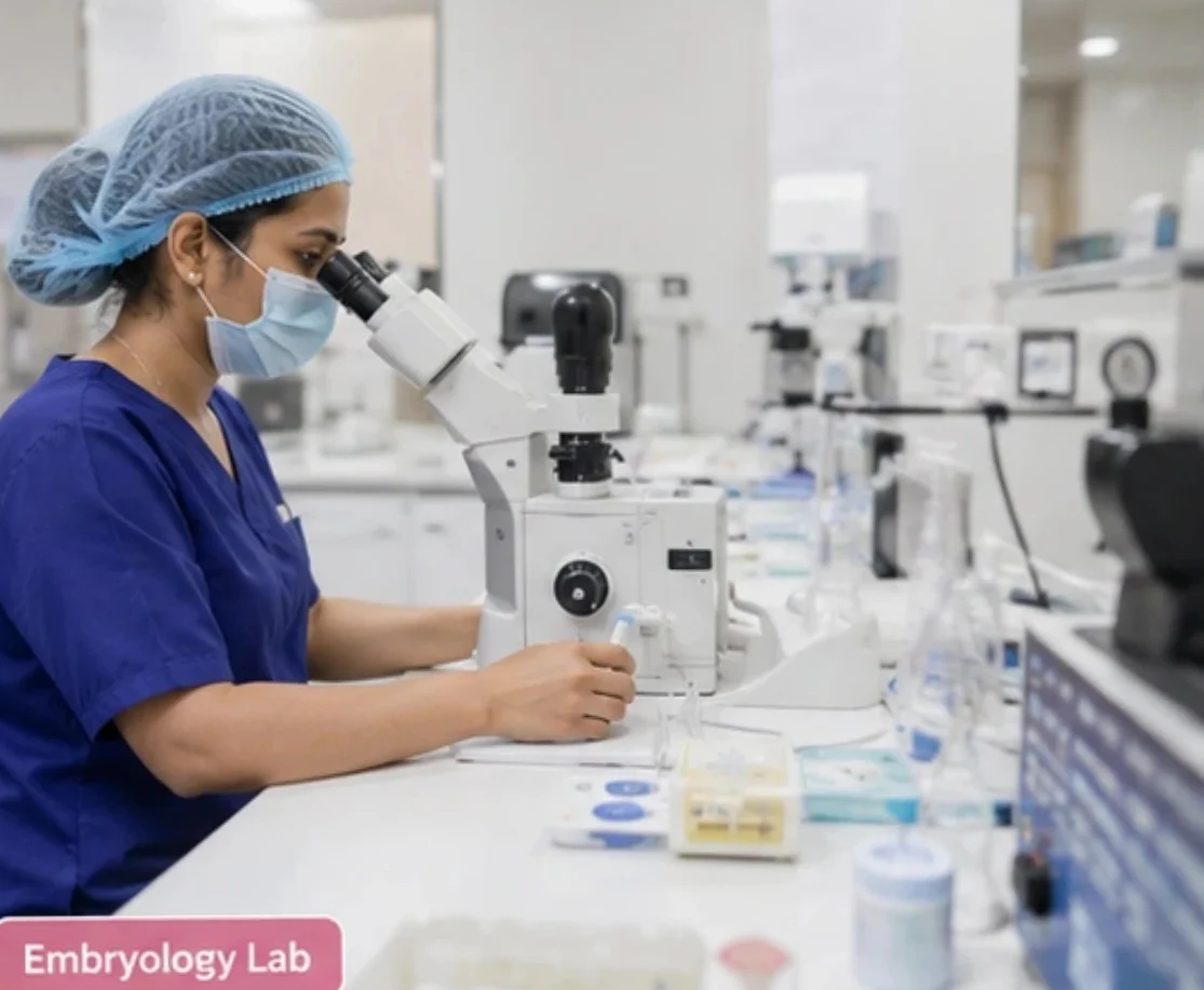 Lab technician in blue scrubs, mask, and cap using a microscope in an embryology lab." (informative)