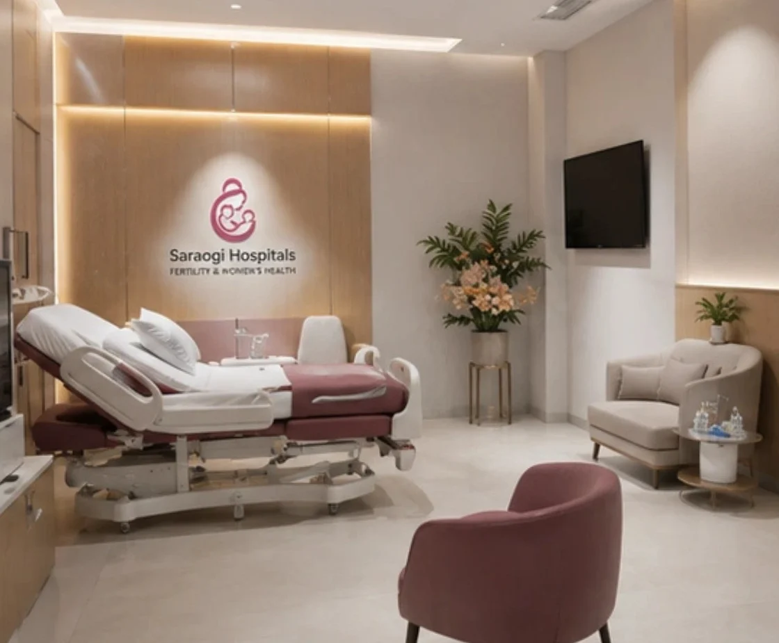 Modern private hospital room with a reclining maternity bed in pink and white, Saraogi Hospitals logo on the wood-paneled wall, and a seating area with plants.