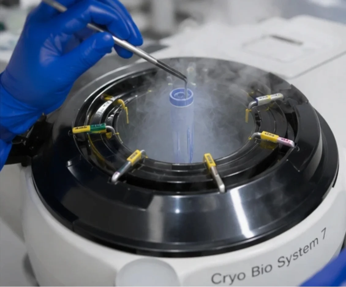 Lab technician in blue gloves handling a vial inside a Cryo Bio System 7 equipment, with vapor haze around the sample tray.
