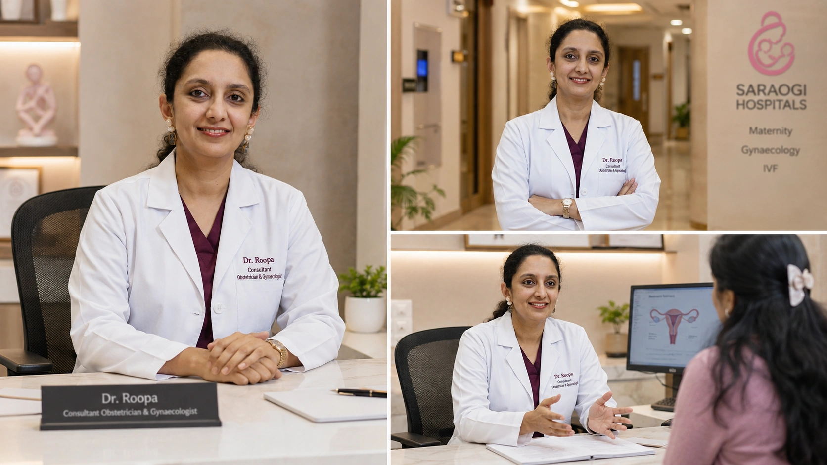 Dr. Roopa, consultant obstetrician and gynecologist, seated at a desk in a white coat in a hospital reception area.