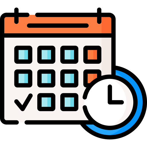 Calendar illustration with blue squares and an orange highlight, overlapped by a clock to indicate scheduling or a reminder.
