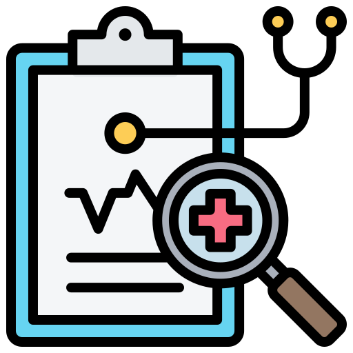 Clipboard with a medical chart and a magnifying glass focusing on a medical cross, symbolizing health data review.