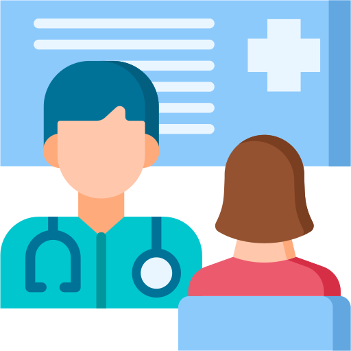 Illustration of a doctor with a stethoscope consulting a patient in a clinic setting with a medical cross symbol in the background.