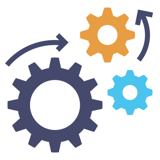 Gears in navy, orange, and cyan turning with curved arrows, symbolizing mechanical process and automation.