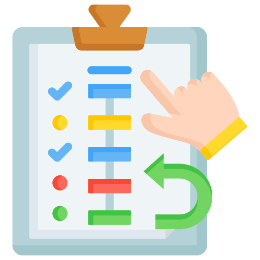 Clipboard with a colored checklist and a hand pointing to items, suggesting editing or reordering tasks.