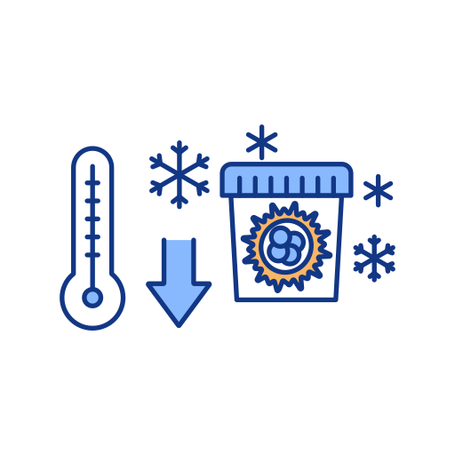 frozen 1 - Saraogi Hospital Thermometer and downward arrow next to a refrigerated ice cream tub with snowflakes, indicating cooling/freezing.