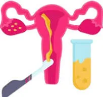 Cartoon uterus with fallopian tubes and ovaries; a pipette and a test tube depict IVF. (IVF concept)