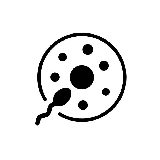 Icon of a sperm cell moving toward a circular egg cell, illustrating fertilization