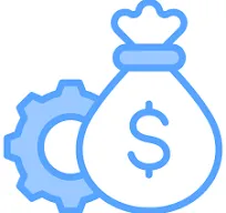 Money bag with a dollar sign beside a blue gear, symbolizing financial tools or cost optimization.