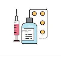 Syringe ready for injection beside a medicine bottle and a blister pack of pills