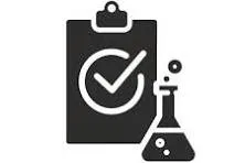Clipboard with a checkmark and a chemistry flask, symbolizing quality testing in the lab.