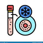 Lab illustration of a test tube with pink liquid next to a blue round cold-storage icon with a snowflake.