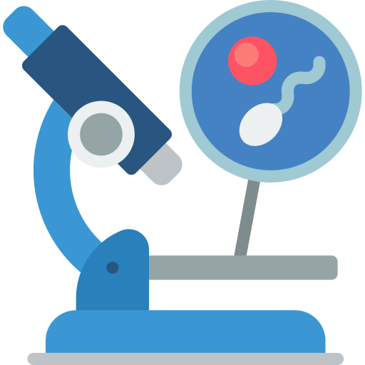 ivf - Saraogi Hospital Blue laboratory microscope with a slide and a circular petri dish showing a red cell and a white rod-shaped organism.