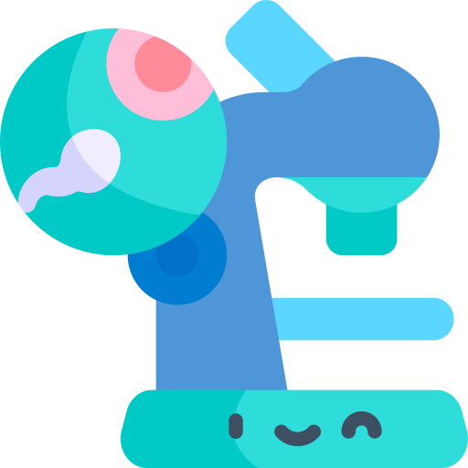 pgt - Saraogi Hospital Playful cartoon microscope with a large round eyepiece and a smiling base in bright blue and teal.