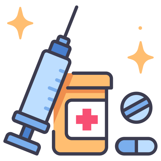 Syringe leaning against a medicine bottle with a red cross and two capsules, surrounded by sparkles—medical supplies icon.