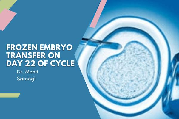 Saraogi Blog Banner 1200 x 550 px 7 - Saraogi Hospital Slide title 'Frozen Embryo Transfer on Day 22 of Cycle' by Dr. Mohit Saraogi; blue geometric background with an embryo culture dish on the right.