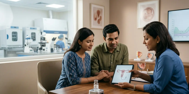 Couple consults with a doctor who shows a tablet displaying a uterus diagram.