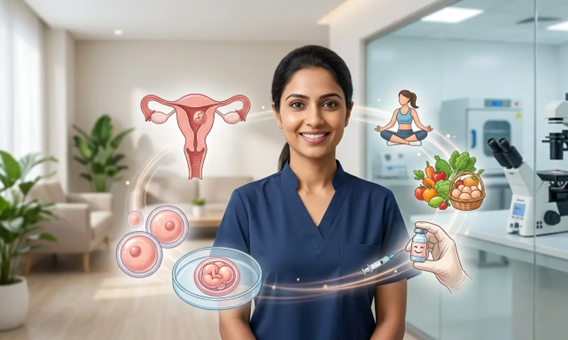 Health professional in a clinic with floating fertility and wellness icons (uterus, ovaries, eggs) plus healthy living symbols (yoga, fruits, pills) highlighting women's health care.