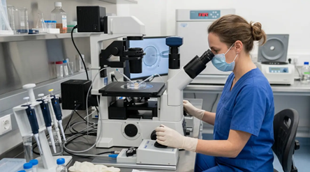 Scientist in blue scrubs and a mask uses a compound microscope at a lab bench with gloves on.