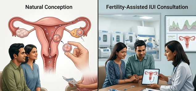 Side-by-side illustration: left shows natural conception with a uterus diagram and a couple; right shows a fertility clinic consult (IUI) with a doctor and couple reviewing uterine diagram on a tablet.