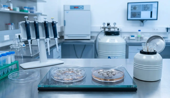 Lab bench with multiple pipettes on stand, Petri dishes on a scale, and a centrifuge in a modern biomedical lab.
