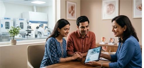 A clinician presents a medical image on a tablet to a couple during a clinic consultation in a treatment room.