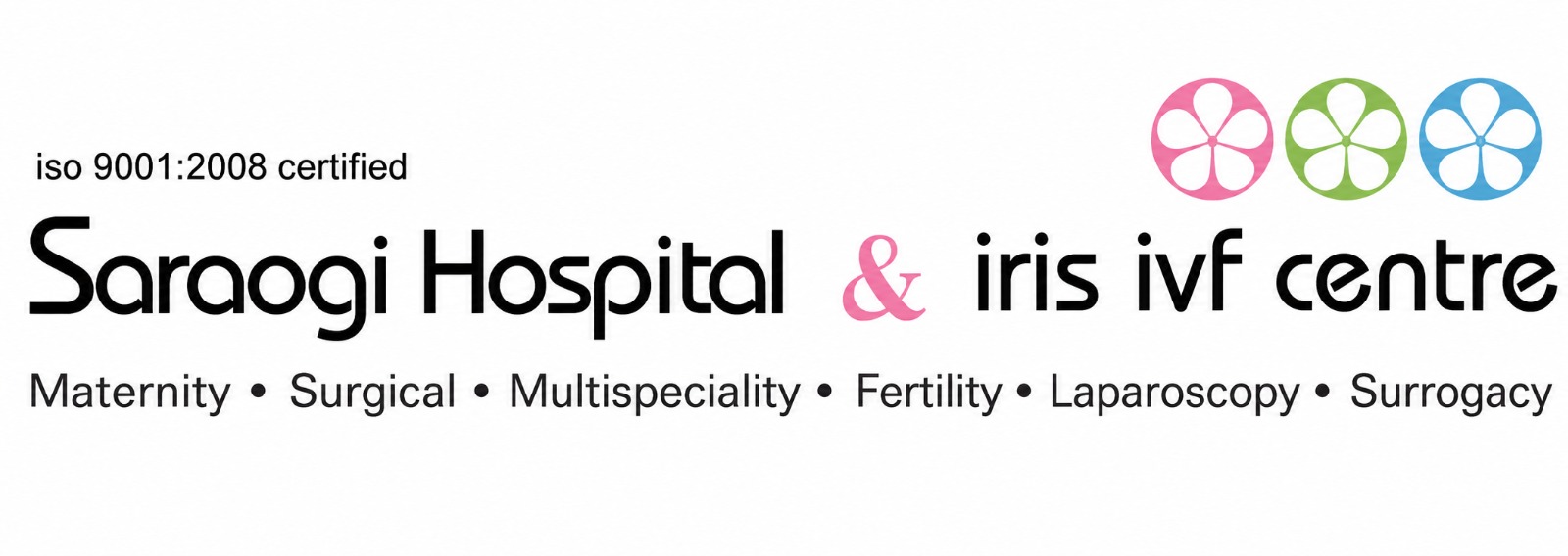 Saraogi Hospital & Iris IVF Centre logo with services: Maternity, Surgical, Multispeciality, Fertility, Laparoscopy, Surrogacy (iso 9001:2008 certified)