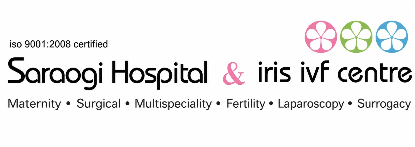 Saroqi Hospital & Iris IVF Centre logo with three colored flower icons and services: maternity, surgical, multispeciality, fertility, laparoscopy, surrogacy; ISO 9001:2008 certified