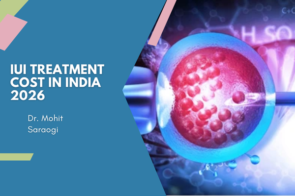 Cover slide: 'IUI TREATMENT COST IN INDIA 2026' by Dr. Mohit Saraogi with blue geometric shapes and a close-up of a cell in a petri dish on the right.