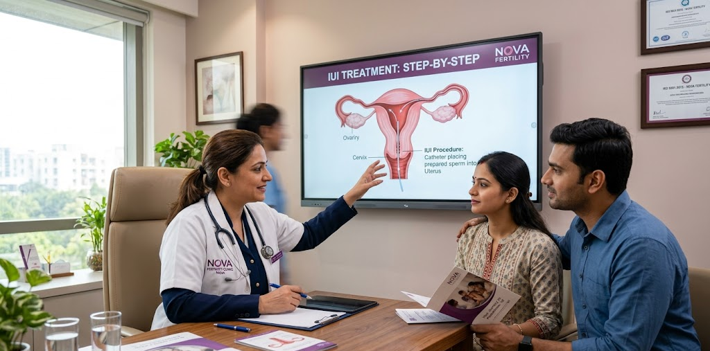 Doctor explains IUI treatment to a couple during a clinic consultation with a uterus diagram on a screen behind them