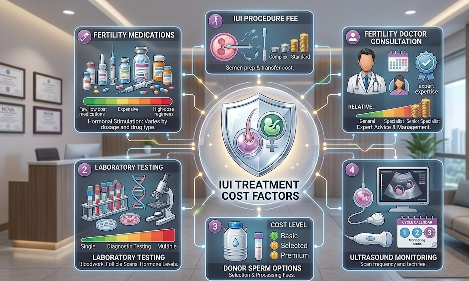 Infographic on IUI treatment cost factors showing six categories: fertility meds, iui procedure fee, doctor consultation, lab testing, donor sperm options, and ultrasound monitoring with central shield icon.