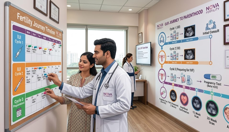 Doctor in a white coat explains a fertility timeline chart to a patient in a clinic.