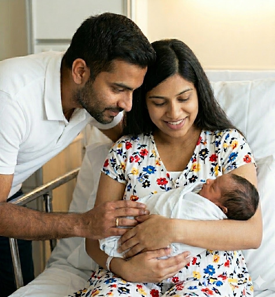 A couple stands by a hospital bed, smiling at their newborn baby wrapped in a white swaddle cradled in the mother's arms.