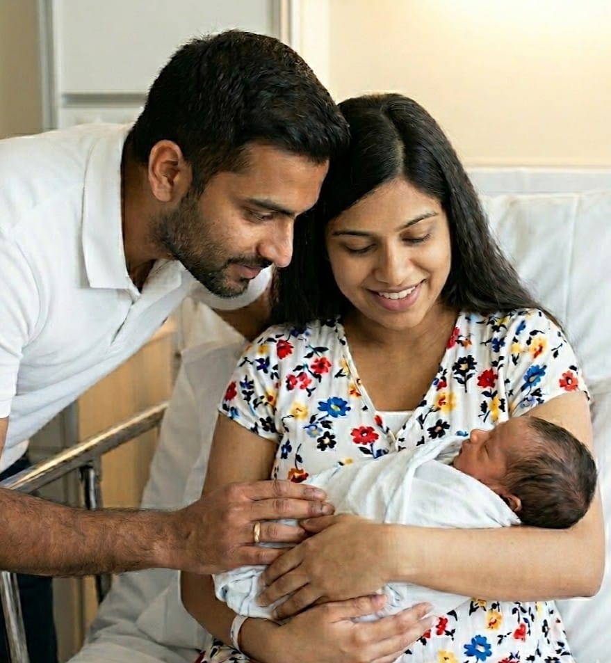 New parents in a hospital room gently cradling their newborn baby wrapped in a blanket.