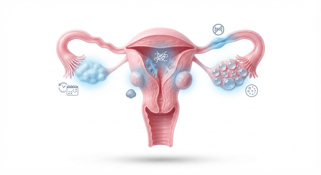 image1 - Saraogi Hospital Illustration of a female reproductive system showing the uterus, fallopian tubes, and ovaries in pink and blue hues as a medical diagram.