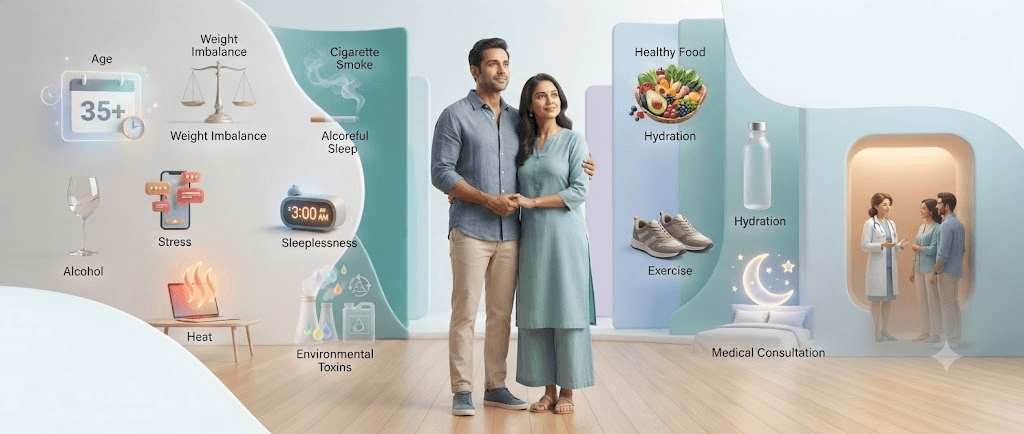 image5 - Saraogi Hospital Couple stands in a wellness center surrounded by panels about health topics like age 35+, stress, sleep, hydration, and medical consultation.