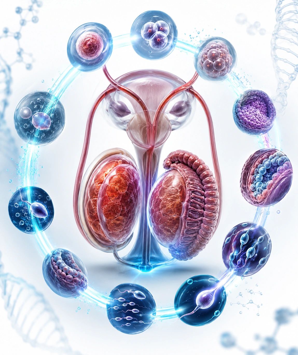 ChatGPT Image Jul 23 2026 at 11_35_16 AM - Saraogi Hospital Colorful medical illustration of female reproductive system with uterus, ovaries, and surrounding cellular structures.