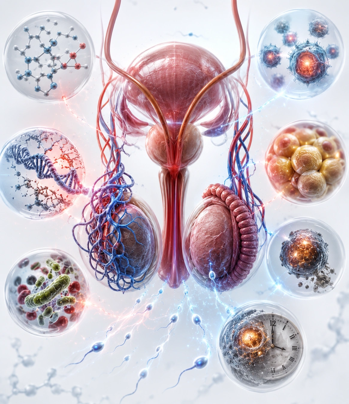 ChatGPT Image Jul 23 2026 at 11_41_10 AM - Saraogi Hospital Detailed medical illustration of the male reproductive system with surrounding circular insets showing cells and tissues.