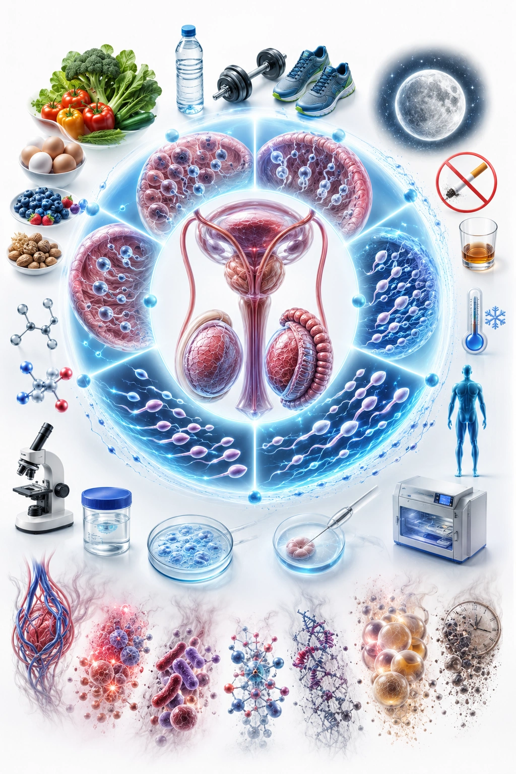 ChatGPT Image Jul 23 2026 at 11_44_31 AM - Saraogi Hospital Educational collage centered on the female reproductive system: uterus with ovaries and fallopian tubes, surrounded by cell diagrams, lab equipment, and science icons.