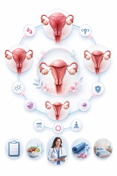 Diagram of the female reproductive system surrounded by health icons, signaling gynecological care and wellness services.