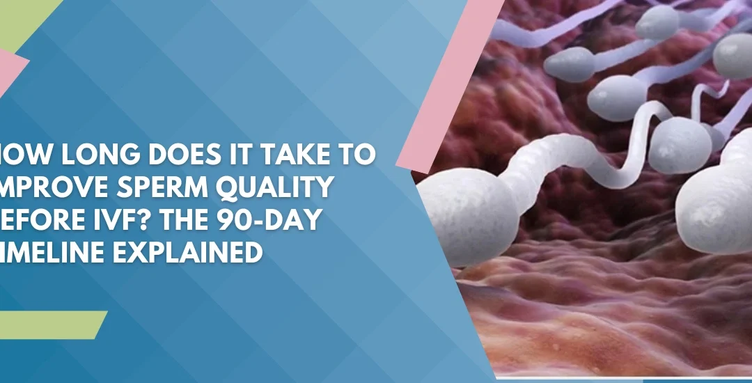 Article header about the 90-day timeline to improve sperm quality before IVF, with a blue geometric background and sperm imagery on the right.