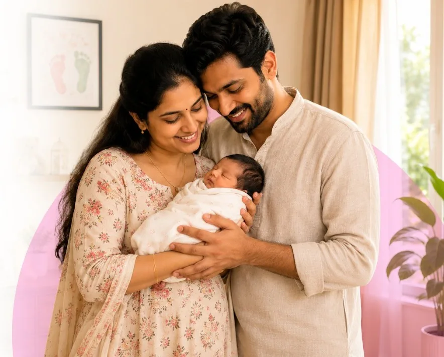 Happy couple gently holding their newborn wrapped in a blanket in a sunlit living room.