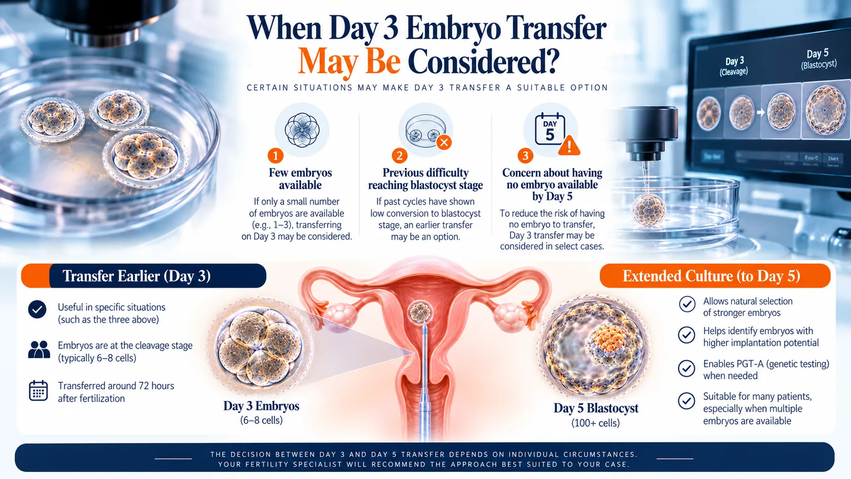 Infographic explaining when Day 3 embryo transfer may be considered, comparing Day 3 transfer and Day 5 blastocyst with a uterus illustration on the center.