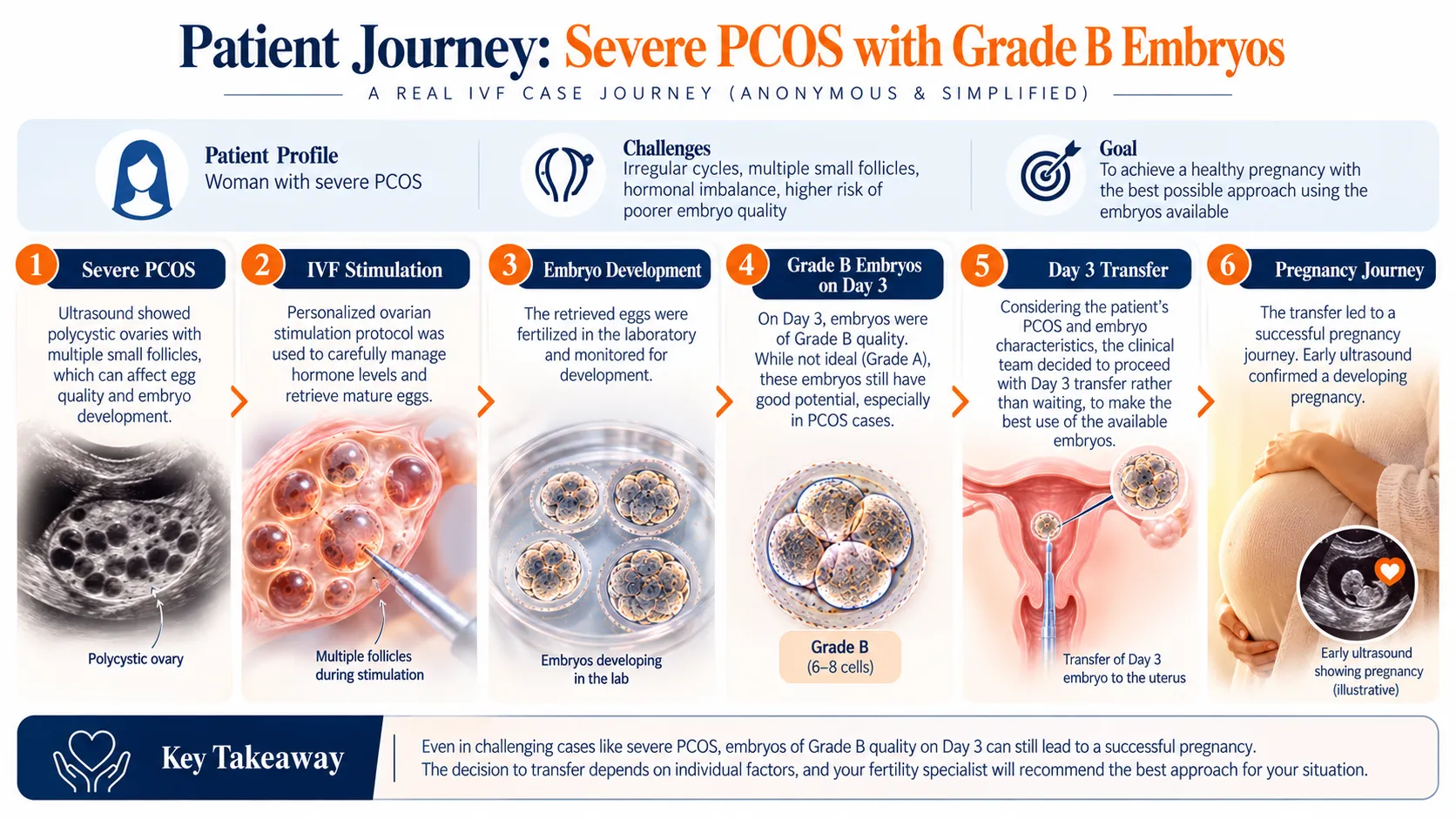 Infographic of a six-step IVF journey for a woman with severe PCOS, ending in pregnancy, titled 'Patient Journey' with Grade B embryos.