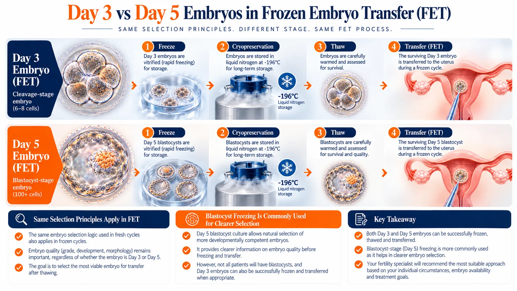 Infographic showing Day 3 vs Day 5 embryo transfer in FET, outlining four steps for each: Freeze, Cryopreservation, Thaw, Transfer.