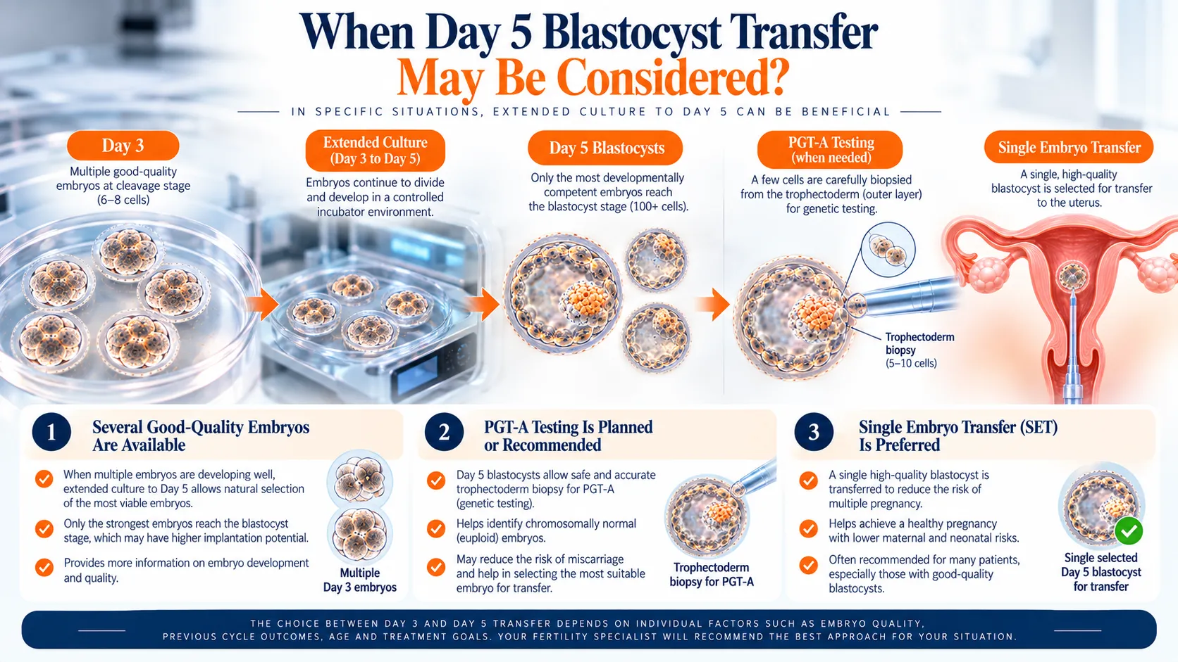 Infographic outlining Day 3 to Day 5 blastocyst transfer options, from embryo culture to single embryo transfer.